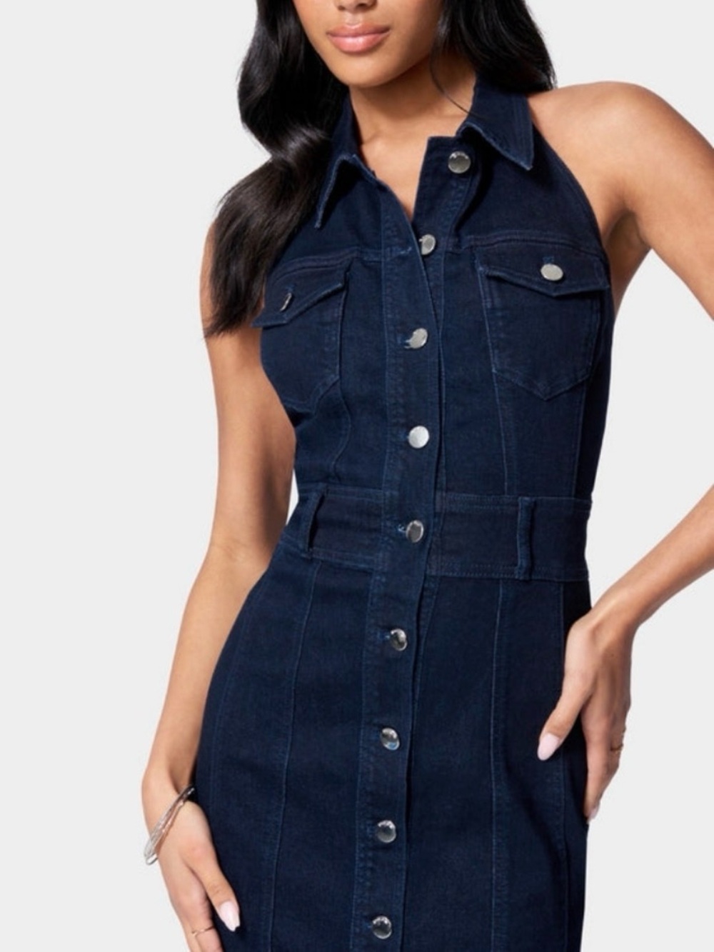 Bebe Dark Wash Denim Halter Dress Size 8 Fits Like 6 Bodycon Button Front